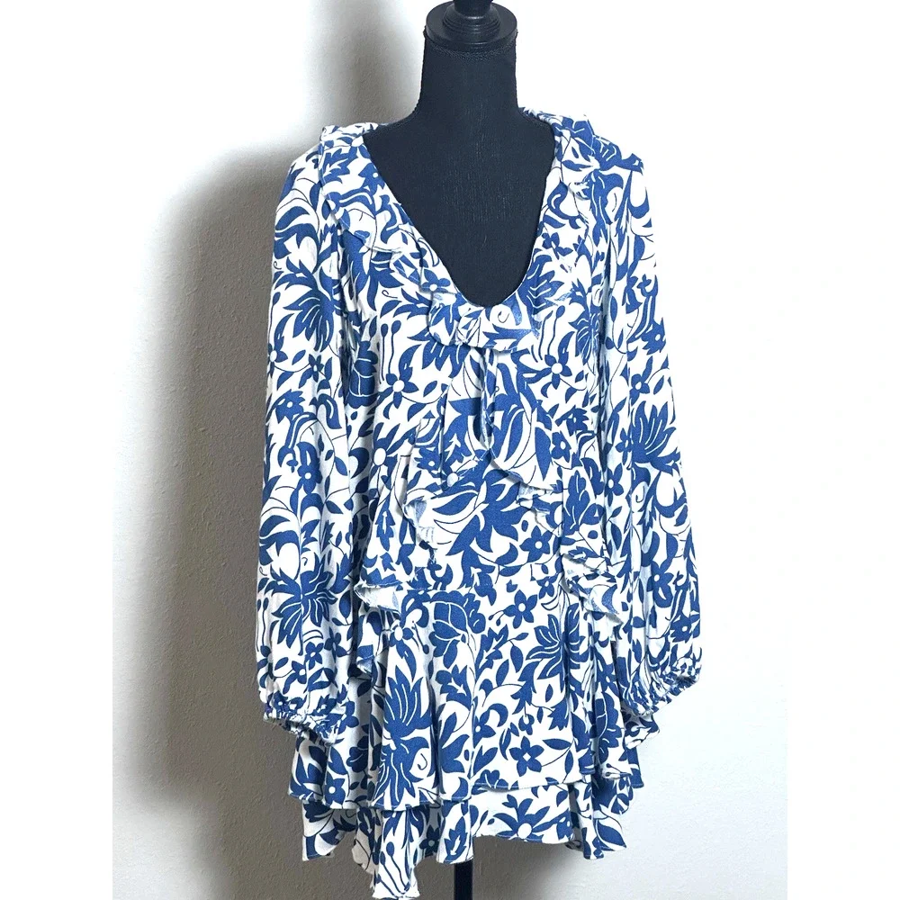 Free‎ People Rebecca Ruffle Cottagecore Dress Whimsy Blue White XS